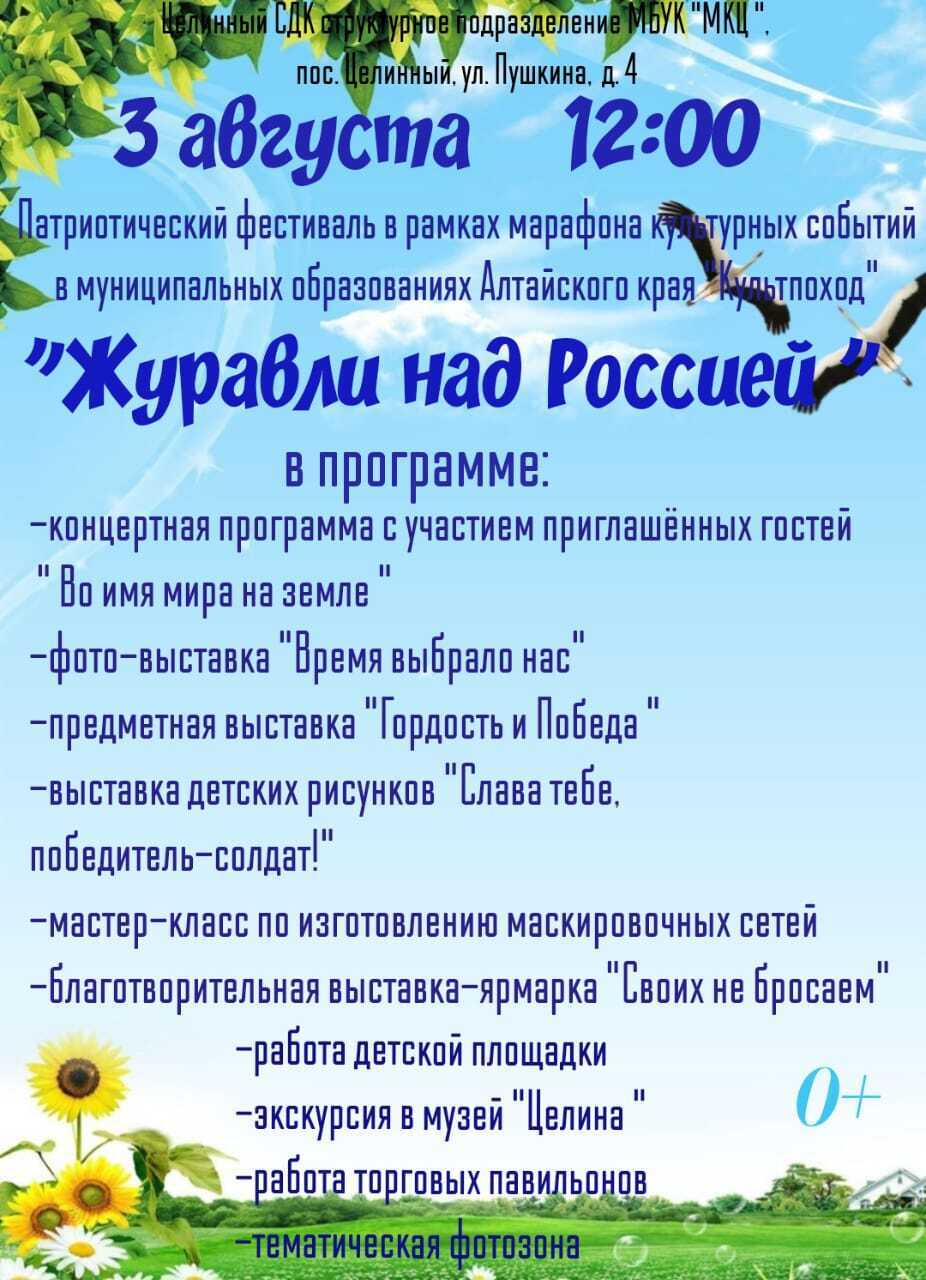 В Ключевском районе состоится патриотический фестиваль «Журавли над Россией».